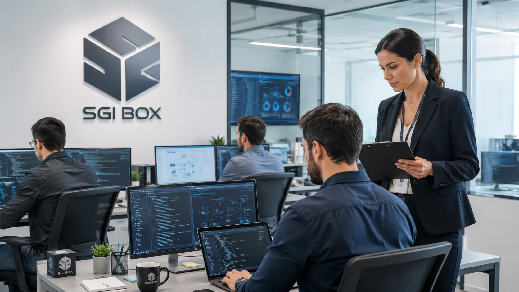Equipo SGIBOX trabajando en la plataforma de gestión en línea